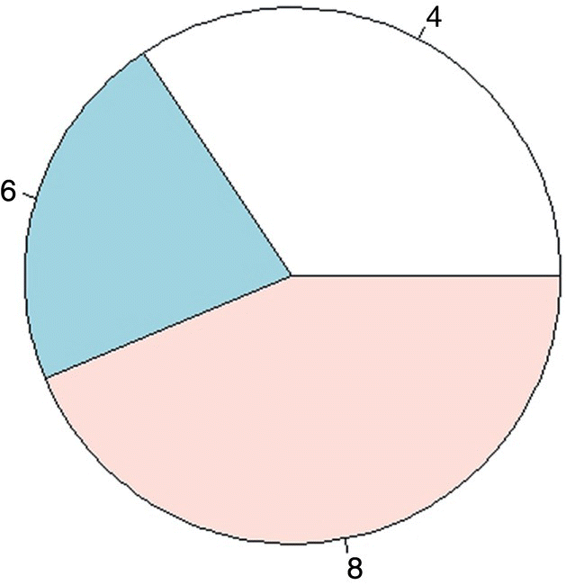 Pie chart in R displaying circle divided into three unequal segments labeled 4, 6, and 8. The segment labeled 8 is the largest. The segment labeled 6 is the smallest.