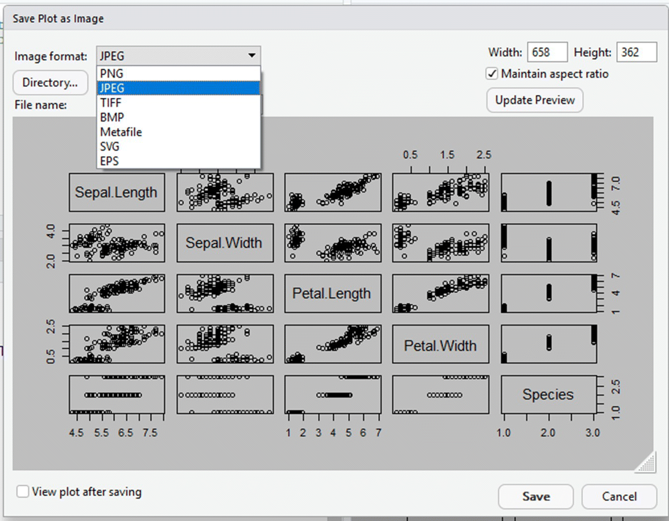 Snipped image of Save Plot as Image dialog box displaying expanded selection box for Image format with options for PNG, JPEG (highlighted), TIFF, BMP, Metafile, SVG, and EPS. Save and Cancel buttons are at the bottom right.
