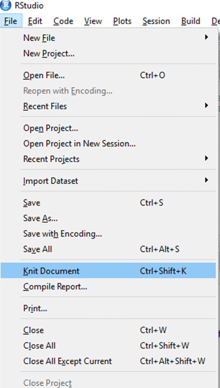 Snipped image displaying an expanded file menu displaying Knit Document option being highlighted. Other portions being displayed are Compile Report, Save, Save As, Save with Encoding, Print, etc.