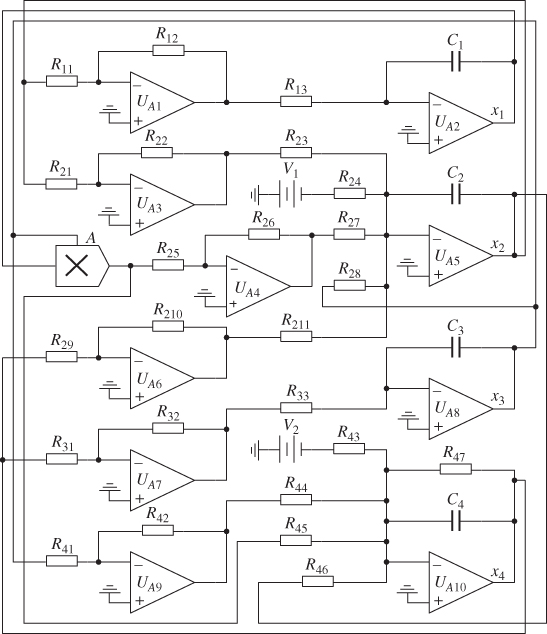 Scheme for Circuit of the novel chaotic system.