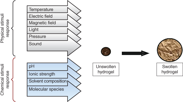 Diagram of variety of physical and chemical stimuli represented by rightward arrows pointing to unswollen hydrogel, then to swollen hydrogel.