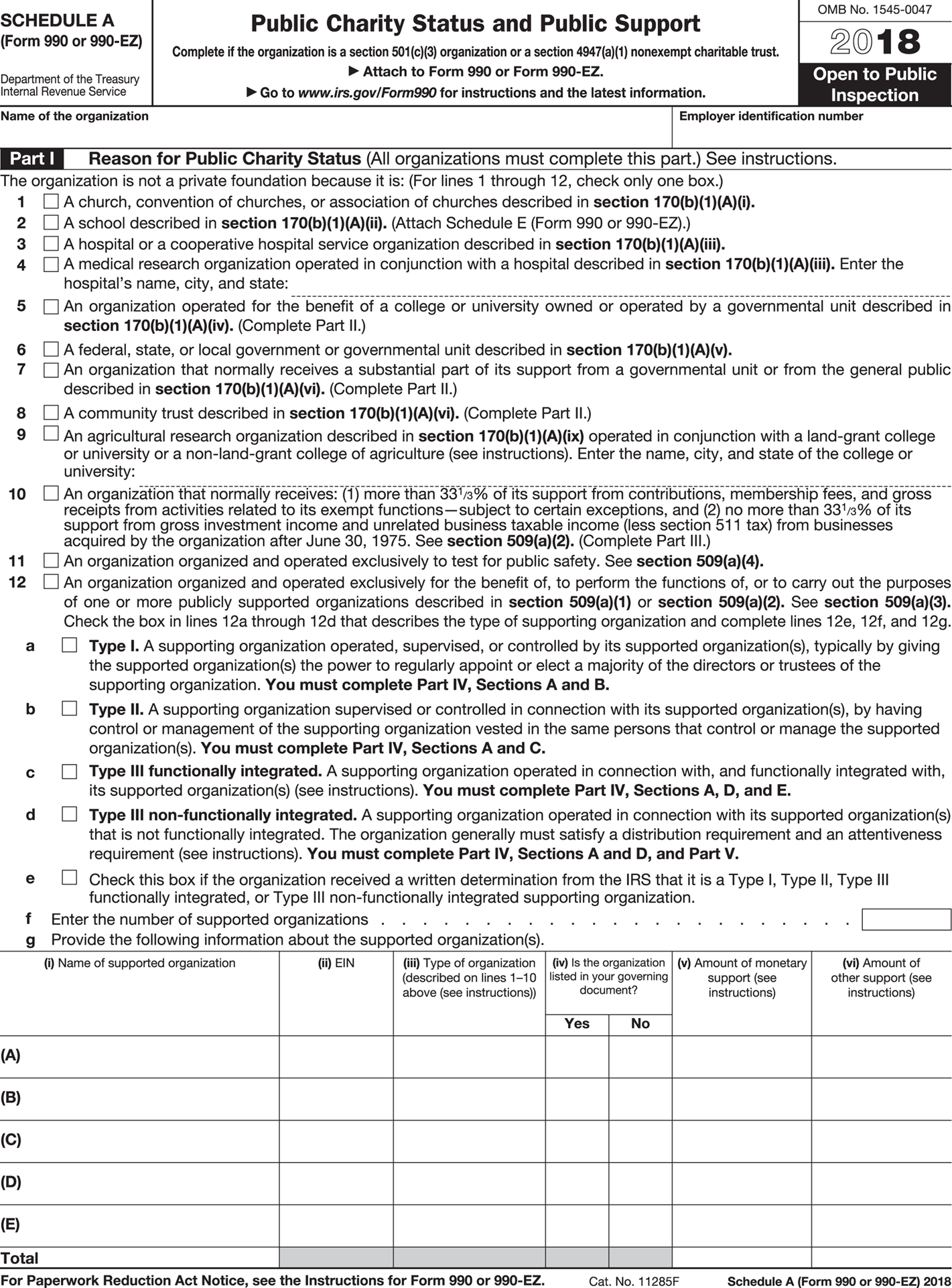 Illustration of Exhibit 3: Schedule A of Form 990, Part I, used for Public Charity Status and Public Support, to be filled in, for the calendar year 2018.