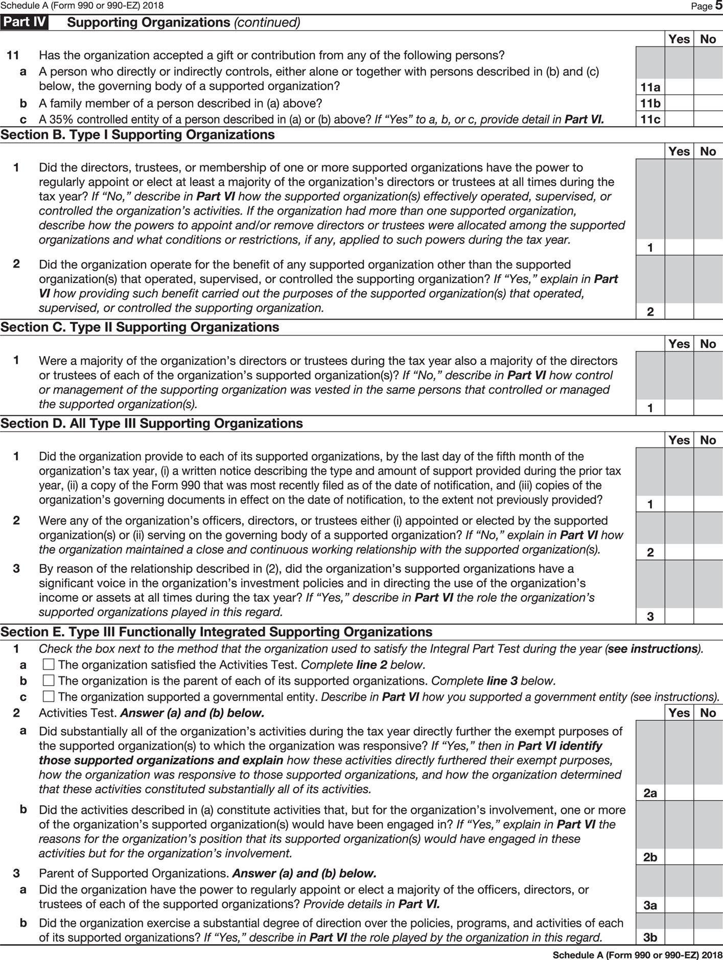 Page 5 of Exhibit 3: Schedule A of Form 990, Sections B, C, D, and E of Part IV, Supporting Organizations, to be filled in, for the calendar year 2018.