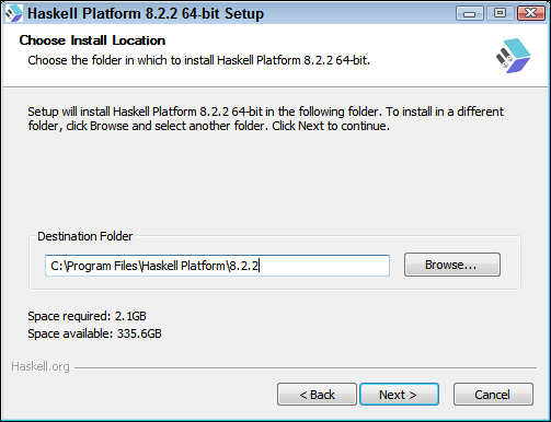 Screen capture of the Haskell Platform 8.2.2 64-Bit Setup window with the Choose Install Location screen. Destination folder is set to a location in C:/ drive with a Next button below.