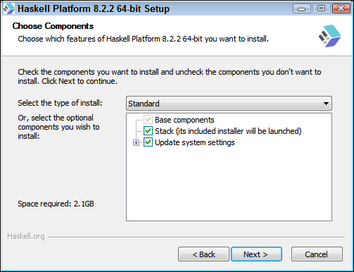 Screen capture of the Haskell Platform 8.2.2 64-Bit Setup window with the Choose Components screen. Standard option is selected with Stack and Update System Settings checked.