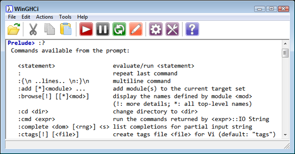Screen capture of WinGHCi window with the code “:?” entered with the output of a list of commands available from the prompt.