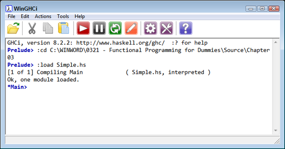 Screen capture of WinGHCi window with the directory chosen by :cd and :load Simple.hs loaded. *Main> is given at the end after the text “one module is loaded”.