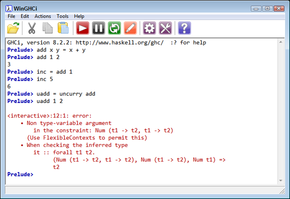 Screen capture of WinGHCi window with the function add x y = x + y and add 1 2 in the next line. The result 3 is in the last line, followed by uadd = uncurry add and uadd 1 2 and the error report.