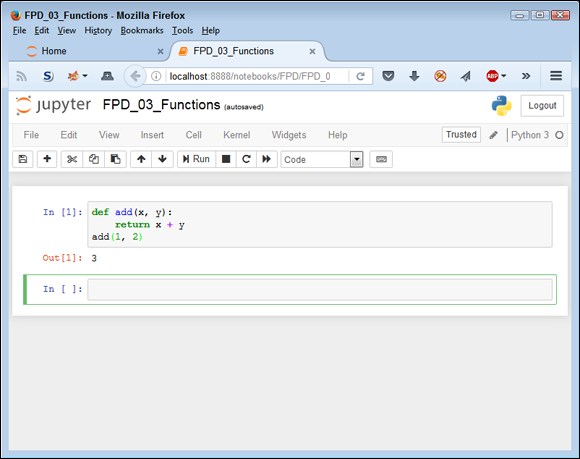 Screen capture of FPD_03_Functions with the function add(1, 2) added to the code def add(x, y): return x + y with the output 3. 