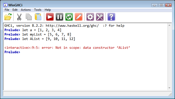 Screen capture of WinGHCi window with the codes let a = [1, 2, 3, 4]; let myList = [5, 6, 7, 8]; and let AList = [9, 10, 11, 12] and the resulting error report.