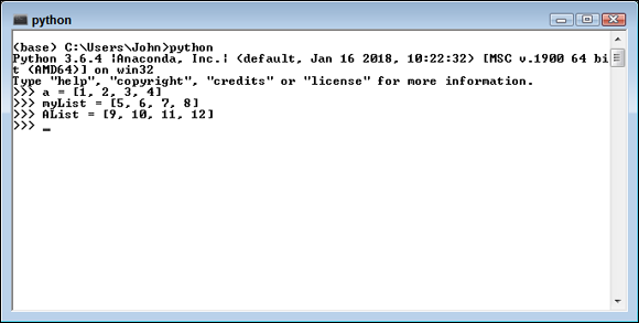 Screen capture of python window with the code a = [1, 2, 3, 4]; myList = [5, 6, 7, 8]; and AList = [9, 10, 11, 12].