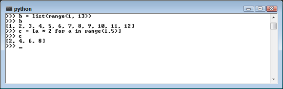Screen capture of python window with the codes let b = list(range(1, 13)); c = [a * 2 for a in range(1,5)] with the outputs [1, 2, 3, 4, 5, 6, 7, 8, 9, 10, 11, 12] and [2, 4, 6, 8] respectively.