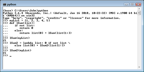 Screen capture of python window with code ending return list[0] + lSum(list[1:]); lSum<list> with output 15; and code ending else list[0] + lSum2(list[1:]) lSum2<list> with output 15.