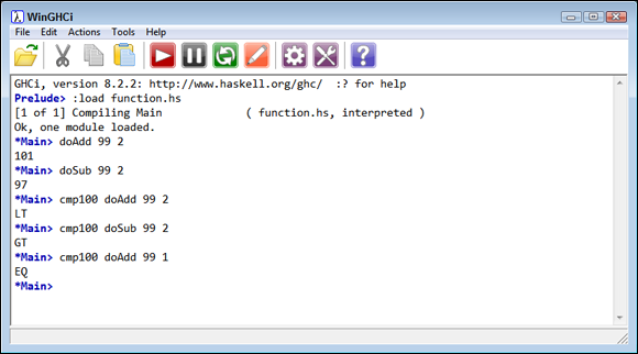 Screen capture of WinGHCi window with function.hs loaded and *Main> codes, outputs: doAdd 99 2, 101; doSub 99 2, 97; cmp100 doAdd 99 2, LT; cmp100 doSub 99 2, GT; cmp100 doAdd 99 1, EQ.