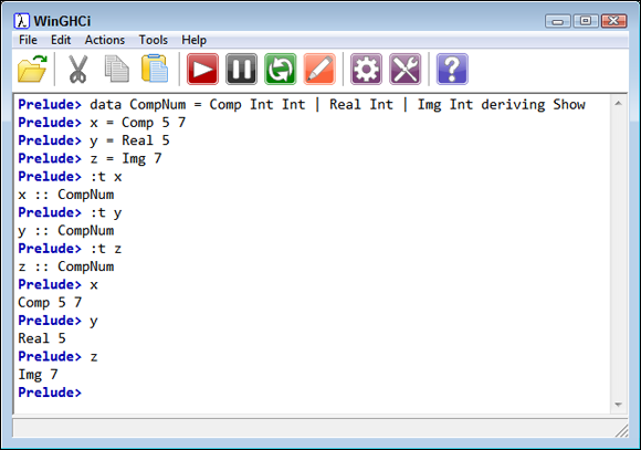 Screen capture of WinGHCi window with codes defining x, y, z and codes, outputs: x, Comp 5 7; y, Real 5; z, Img 7.