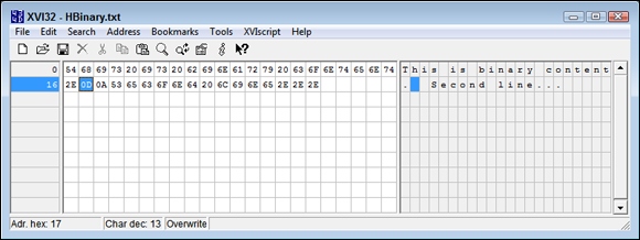 Screen capture of XVI32 window with HBinary.txt file and a grid of number values.