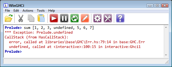 Screen capture of WinGHCi window with code sum [1, 2, 3, undefined, 5, 6, 7] with error message output.
