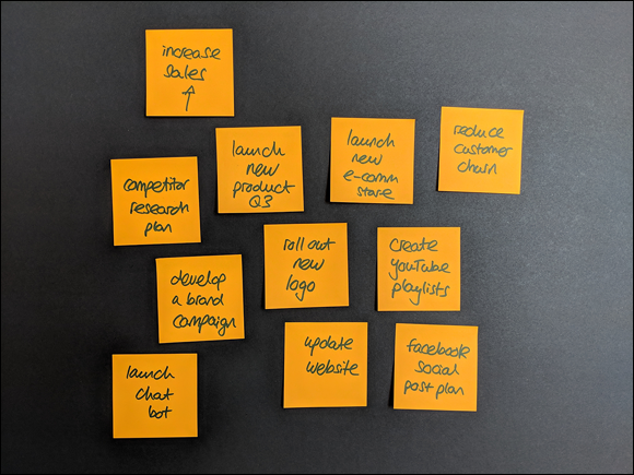 Illustration displaying several sticky notes on a board providing ideas on how to increase sales in a business.