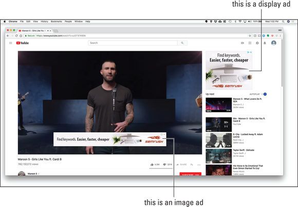 Screenshot of an YouTube page displaying an advertisement to the right of a video, and an image ad that appears overlaying the video. 