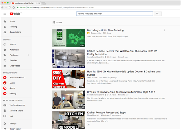 Screenshot of an YouTube page displaying an ad “Barcoding is Hot in Manufacturing” appearing as a TrueView video discovery ad while searching for how to renovate a kitchen.