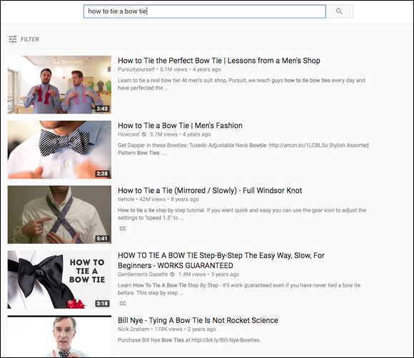 Screenshot displaying a series of evergreen YouTube videos demonstrating how to tie  bow tie, which keeps accruing views over the years.