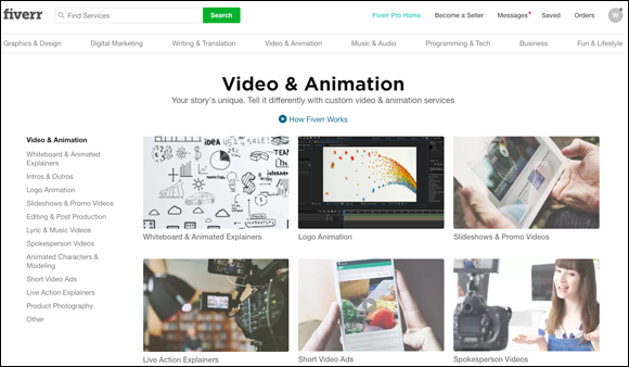 Screenshot of the website page of a famous video company displaying its Video & Animation page offering access to people all over the world who can help to create video content at reasonable prices.