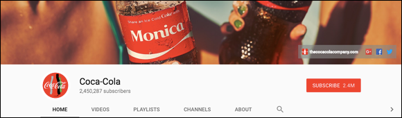 Screenshot displaying the channel page of a famous beverage that matches the channel icon.