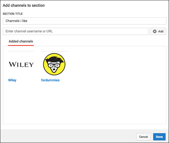Screenshot of an Add Channels page displaying its section title tab to add channels and link them to other two favorite channels: For Dummies and Wiley.