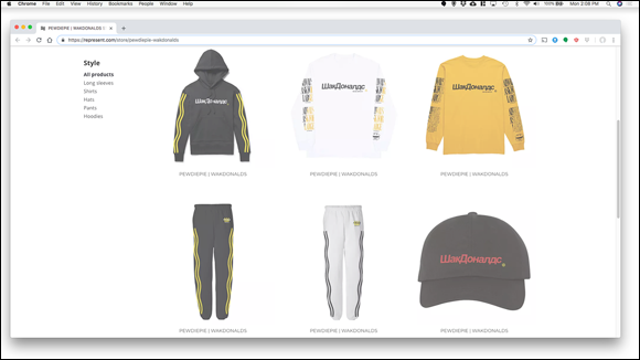Screenshot of the page of a famous merchandise store displaying its clothing and accessories for online purchase.