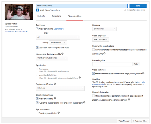 Screenshot of the status upload page displaying the Advanced Settings tab with options to tweak a particular video’s settings.