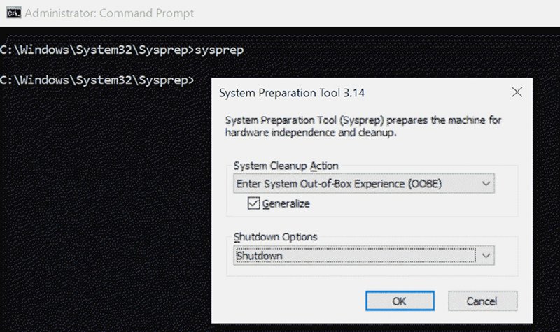 The figure shows a screenshot illustrating how to use Sysprep to get back to the OOBE.