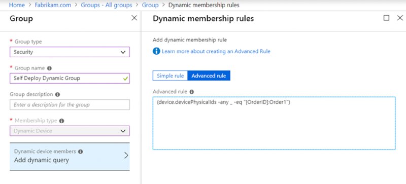 The figure shows a screenshot illustrating how to create a dynamic group to capture a specific OrderID (ORDER1 in this case).