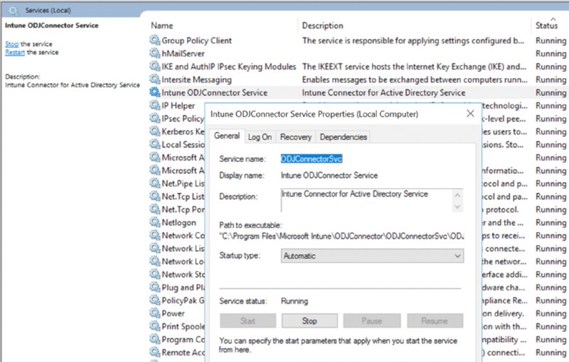 The figure shows a screenshot illustrating how to inspect the Intune ODJConnector Service.