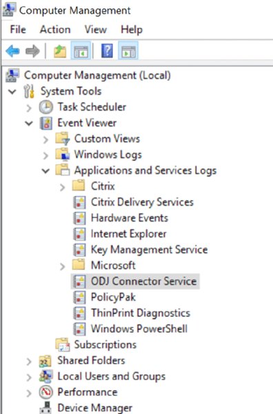 The figure shows a screenshot illustrating how to find the ODJ Service event log.