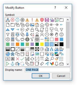 Screenshot of the Modify Button dialog box displaying the symbols in the menu item or toolbar button.