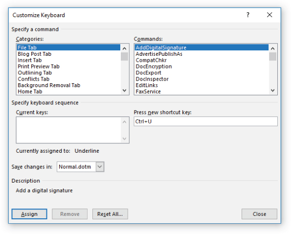 Screenshot of the Customize Keyboard dialog box to type a shortcut key combination for the macro.