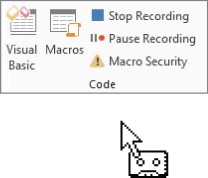 Screenshot displaying the Stop Recording option that appears on the Ribbon and on the status bar, and the mouse pointer has a cassette-tape icon attached to it.