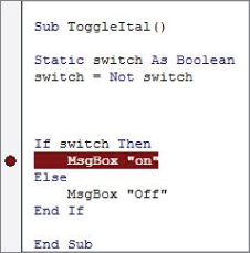 Screenshot indicating to use a breakpoint (the dark circle that appears in the margin indicator bar) to stop code execution at a line of the user's choice.