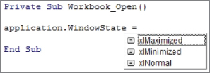 Screenshot displaying the list of constants available for WindowState to enter a constant quick and easily.