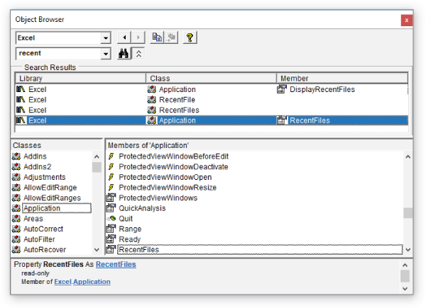 Screenshot displaying the result of the search the RecentFiles property of the Application object in the Object Browser.