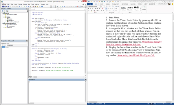 Screenshot of the Visual Basic Editor set up alongside a Word document, enabling to edit or debug macros.