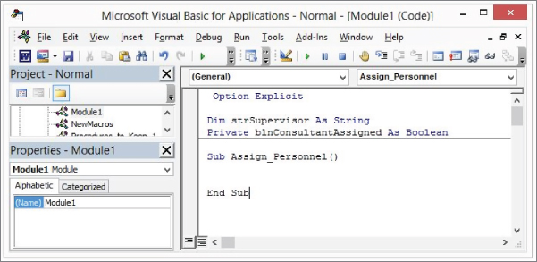 Screenshot of the Microsoft Visual Basic for Applications displaying private variable declarations that appear in the declarations area.