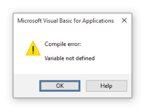 Screenshot of the Microsoft Visual Basic for Applications displaying a compile error that the variable is not defined.