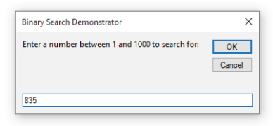 Screenshot displaying the Binary_Search_of_Array procedure prompting the user to enter a number between 1 and 1000.