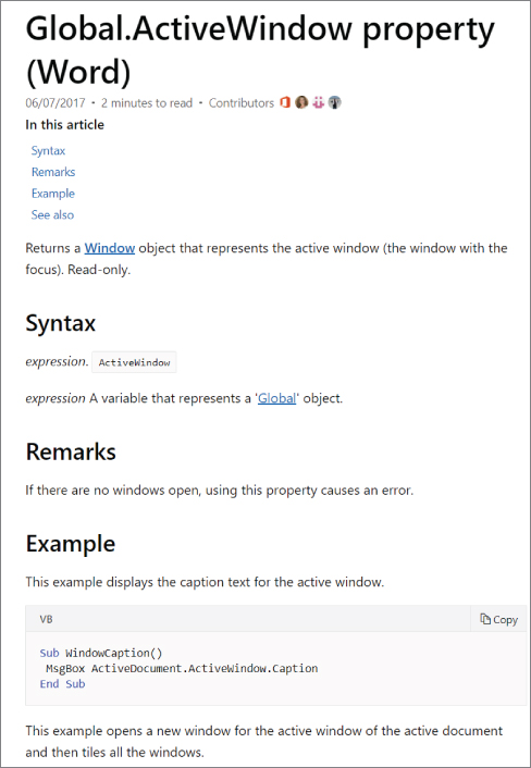 Screenshot of the main Help page for the ActiveWindow property.