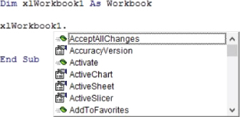 Screenshot the Visual Basic Editor displays the Auto List Members drop-down list when an Object variable's name is typed in followed by a period.