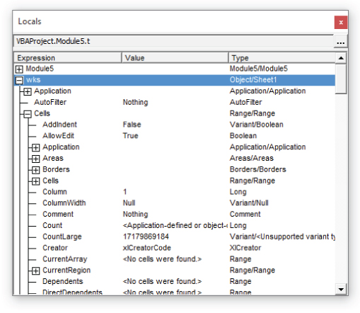 Screenshot for using the Locals window to help identify the object type that an Object variable will contain.