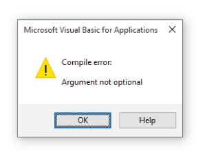 Screenshot of the Microsoft Visual Basic for Applications screen displaying an “Argument not optional” error that occurs when a required argument is omitted.