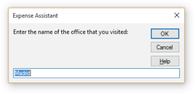 Screenshot of an input box with a predefined set of buttons, run from the Expense Assistant.