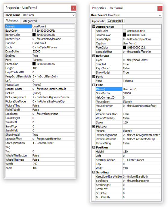 Screenshot displaying userforms to choose either an alphabetized or a categorized list in the Properties window.